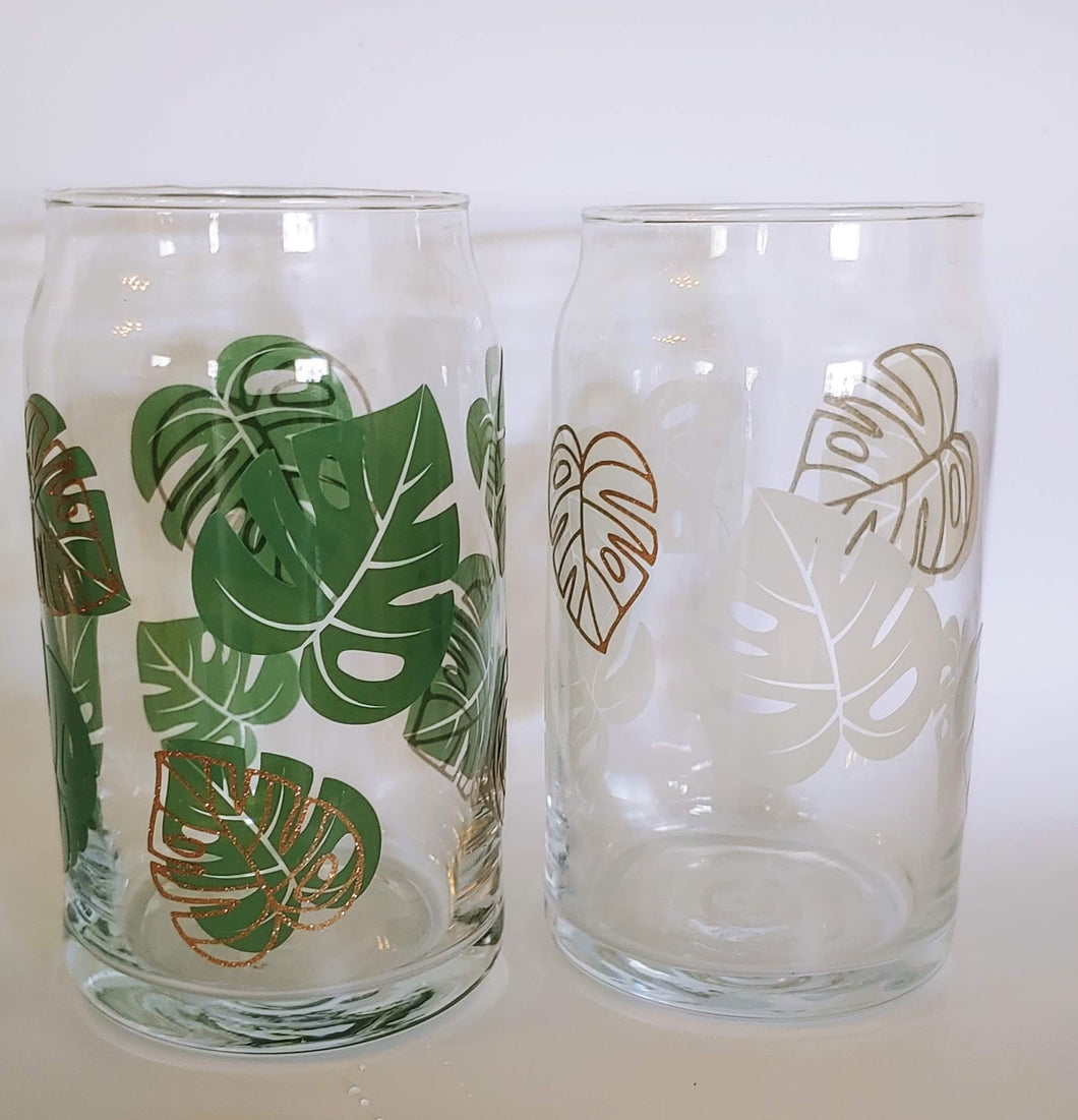 Eco-Friendly Monstera Glass Tumbler with Straw